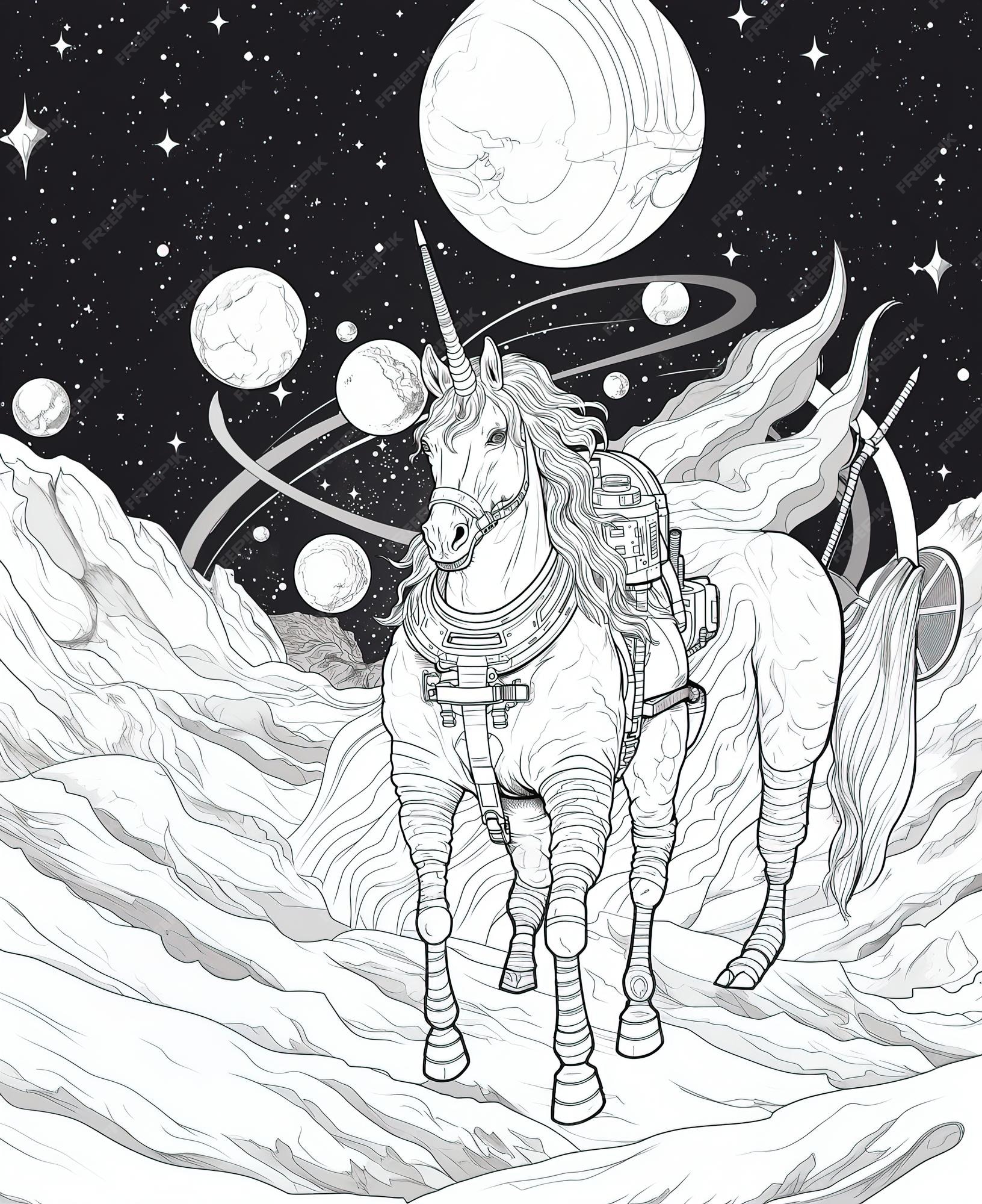 Premium vector beautiful unicorn with a shiny horn coloring book drawing