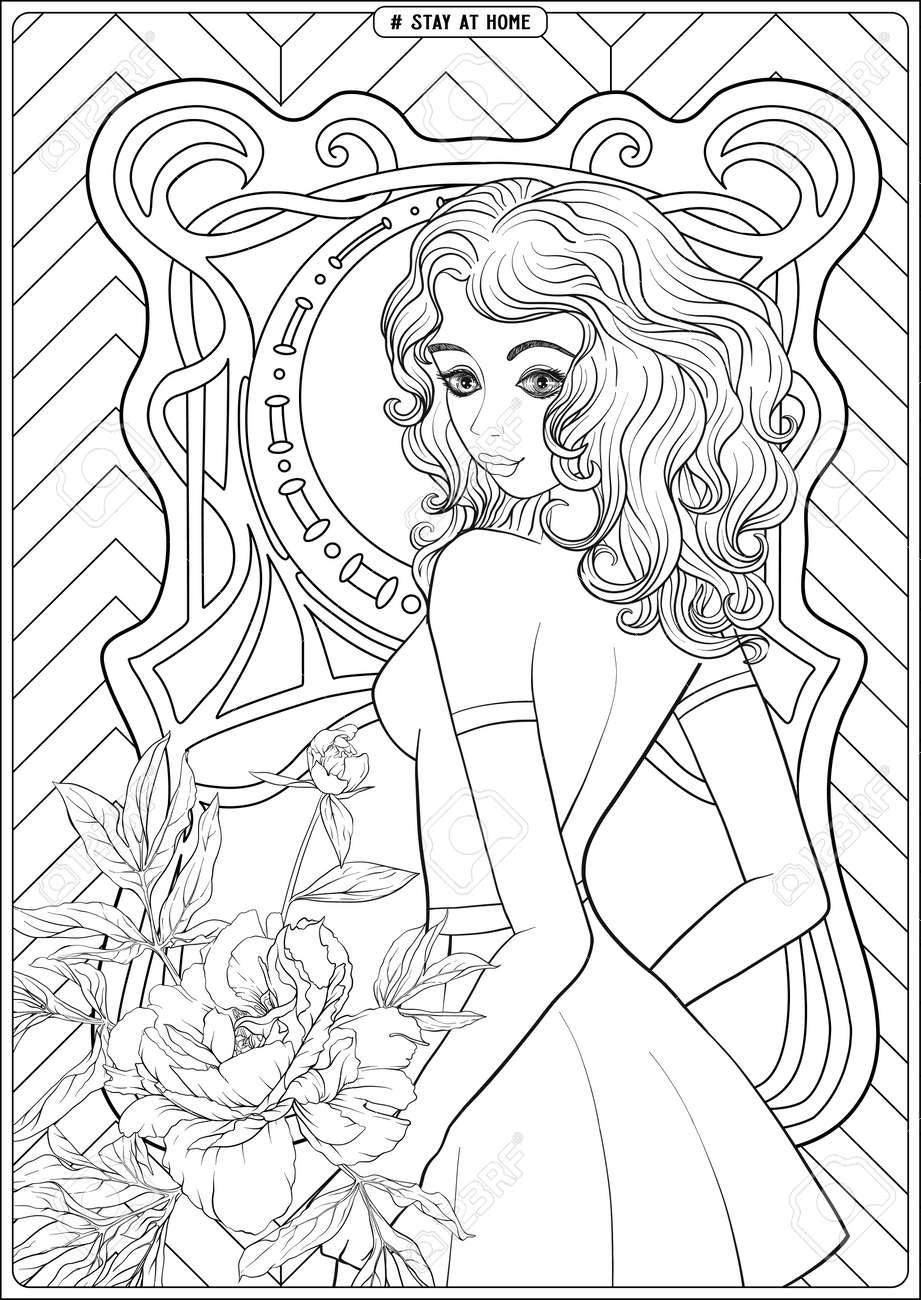 Woman portrait in front of a window and slogan tag stay at home coloring page for the adult coloring book outline hand drawing vector illustration royalty free svg cliparts vectors and stock