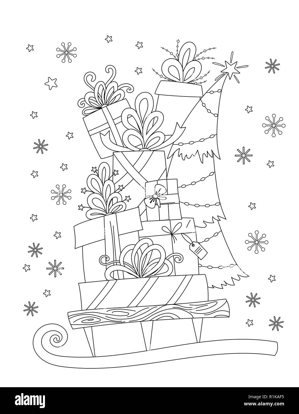 Pãginas para colorear de navidad libro para colorear para los adultos montãn de vacacion se prentan en el trineo decoraciãn de navidad cartoon cajas de regalo copos y abeto contorno dibujado a