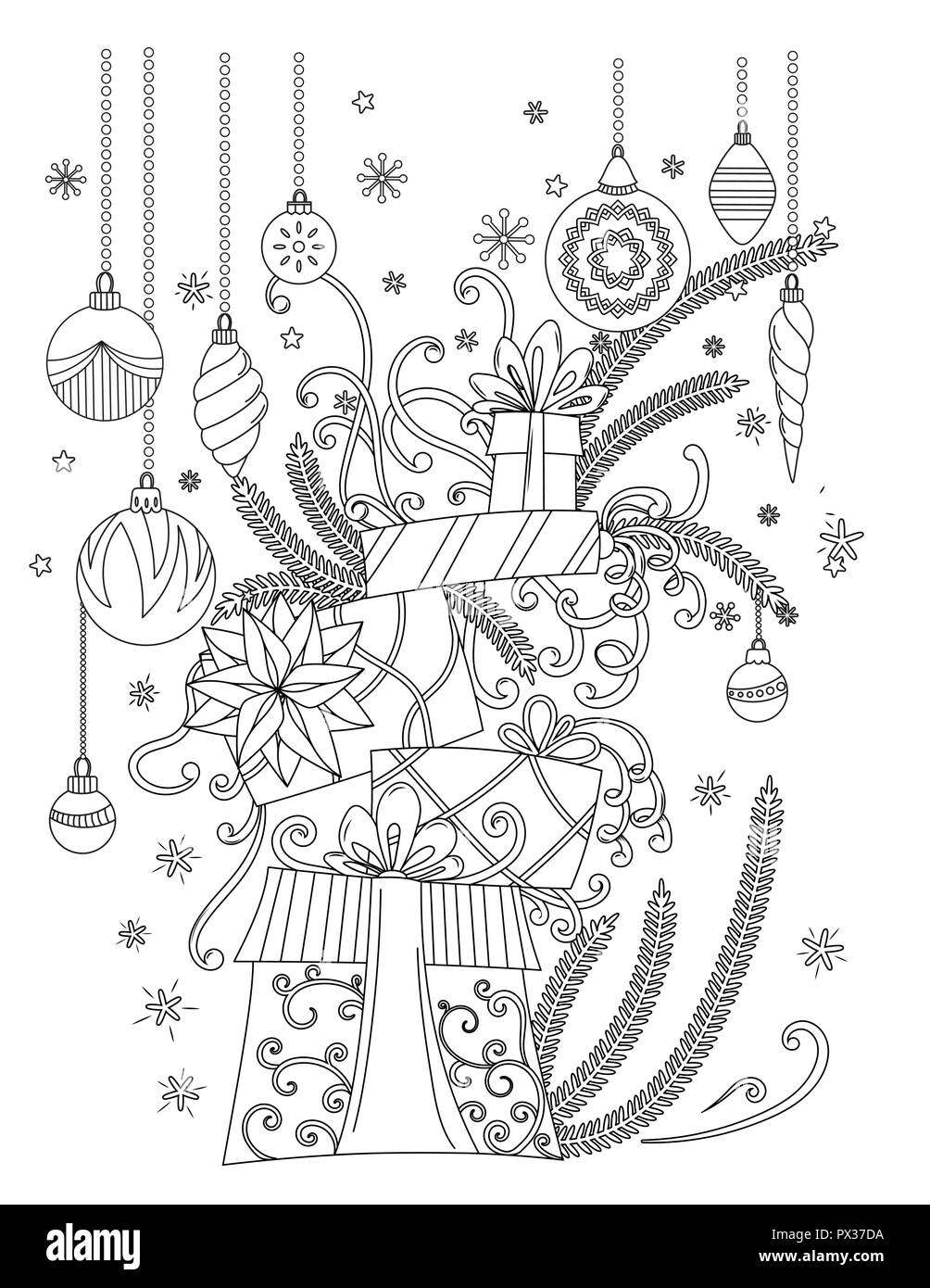 Christmas tree line drawing color black and white stock photos images