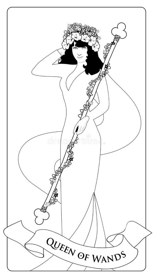 La reina de varas con las flor corona sosteniendo una barra rodeada por una guirnalda de hojas y de flor stock de ilustraciãn