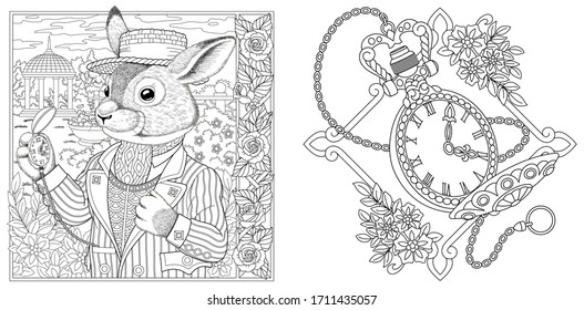 Pãgina colorear conejo hombre con reloj vector de stock libre de regalãas