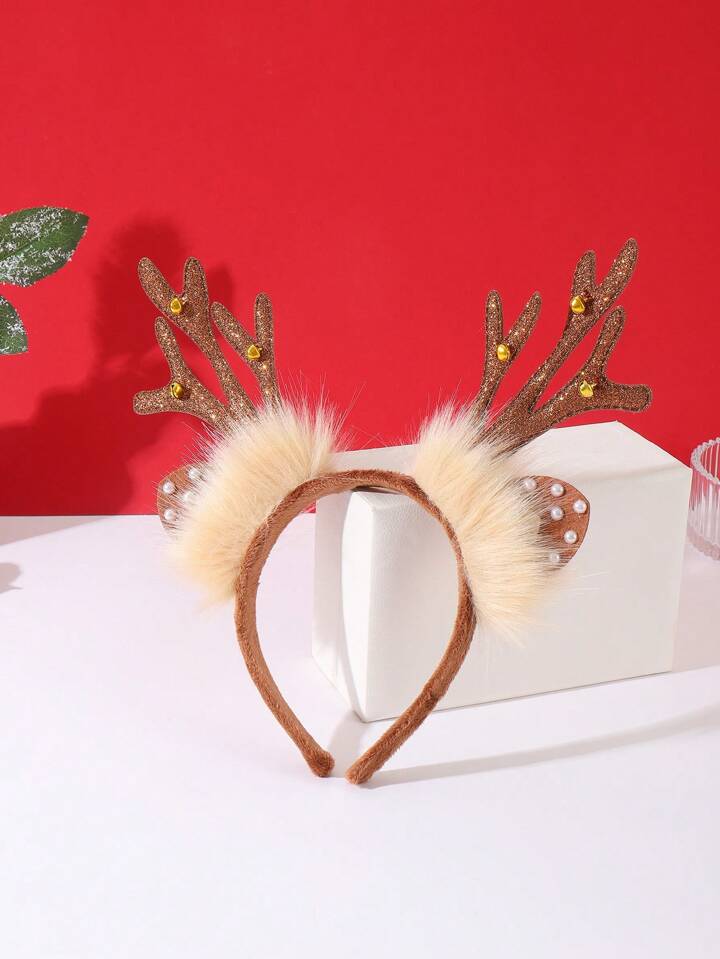 Pc childrens christmas reindeer antlers headband with glittering brown color gold bell pearl ears plh material flexible diy shapeable party costume hair accessories for kids a
