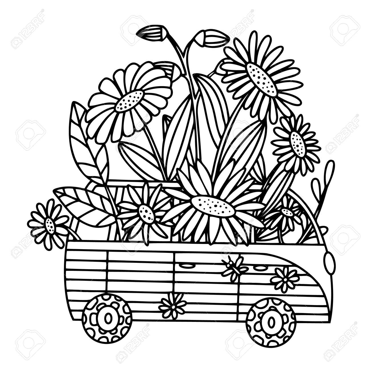 Vector coloring book with retro bus and colors vintage hippie car