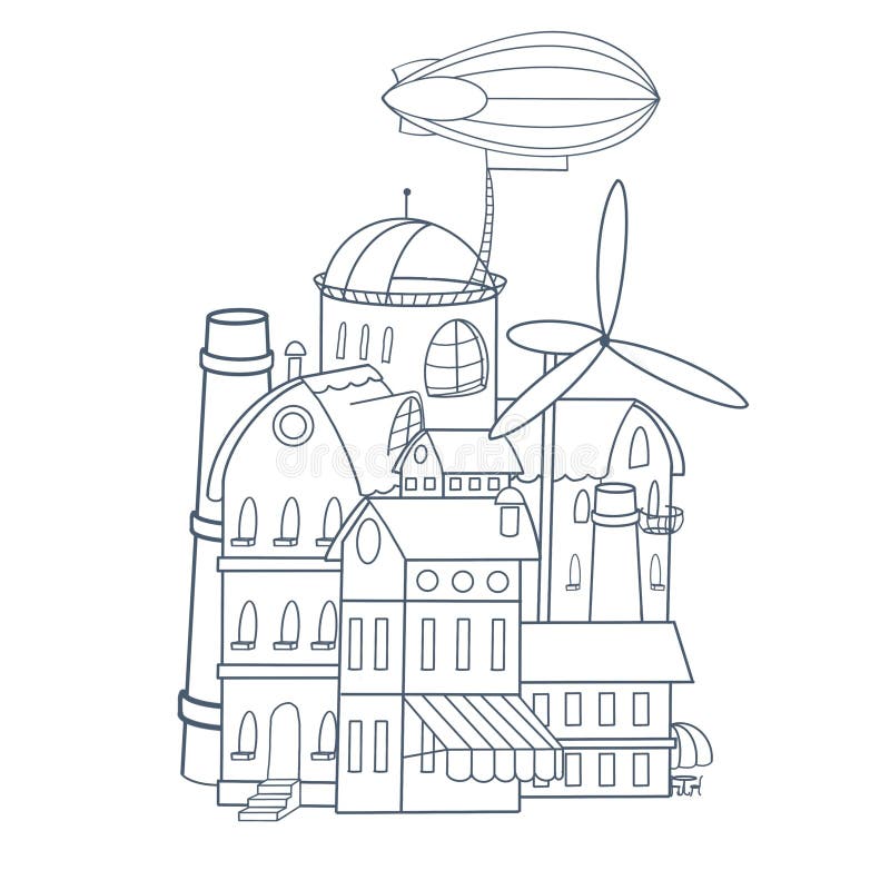 Old retro town buildings coloring pages stock illustration