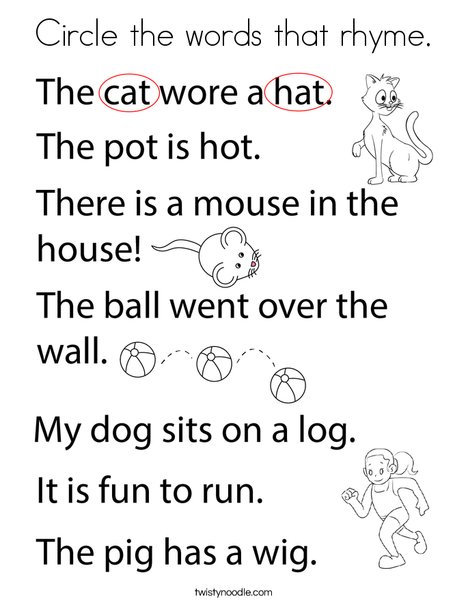 Circle the words that rhyme coloring page
