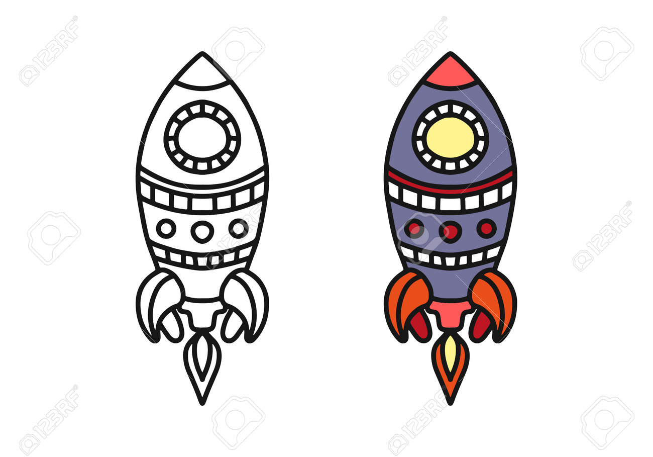 Coloring book for children with a rocket black and white coloring and color for kids vector coloring page for childrens creativity blue big rocket royalty free svg cliparts vectors and stock illustration