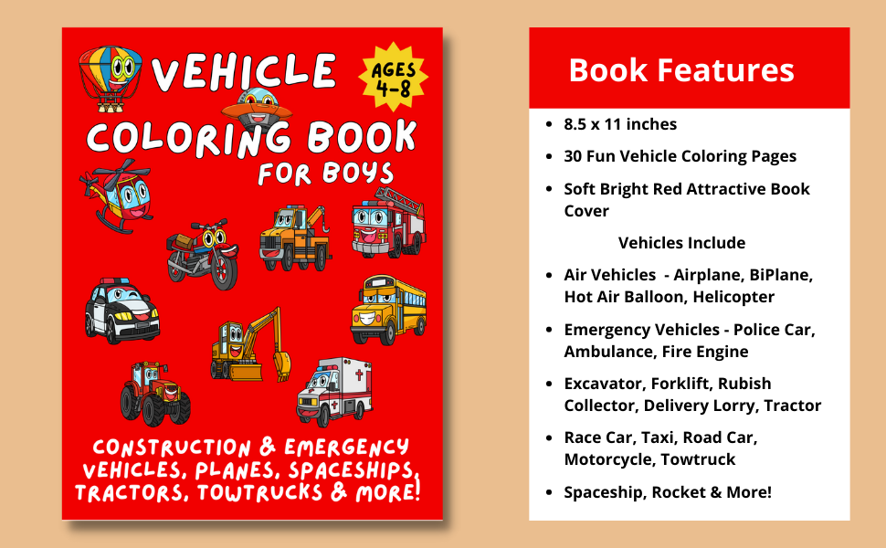 Vehicle coloring book for boys ages