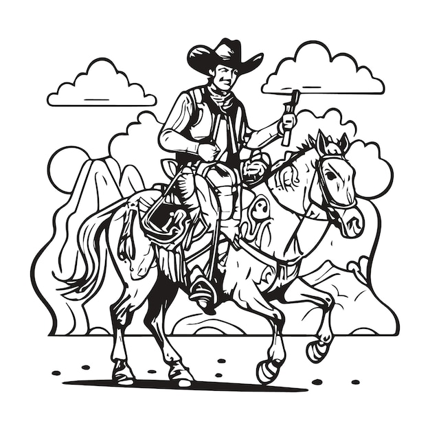 Premium vector rodeo western vintage cowboy hand drawn artwork cowboy coloring page vector