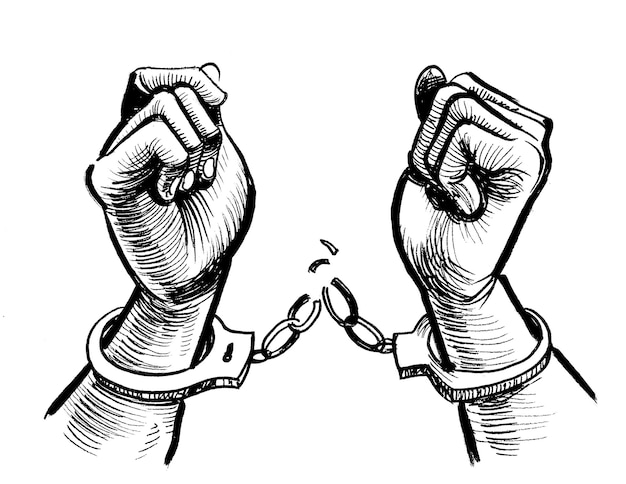 Manos rompiendo rompiendo cadenas dibujo a tinta en blanco y negro foto premium
