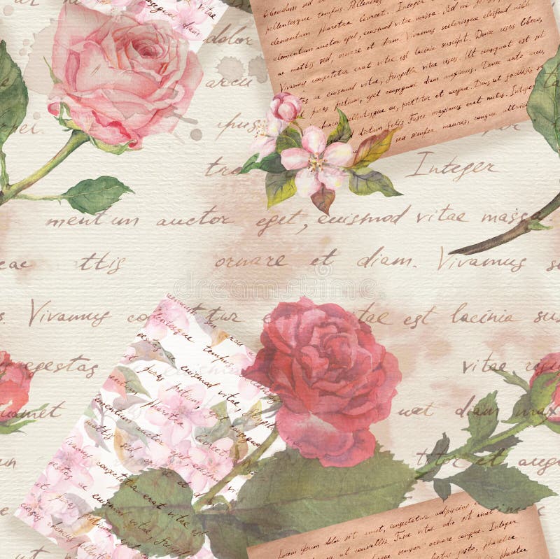 Vintage old paper with hand written letters watercolor rose flowers for scrap book stock illustration