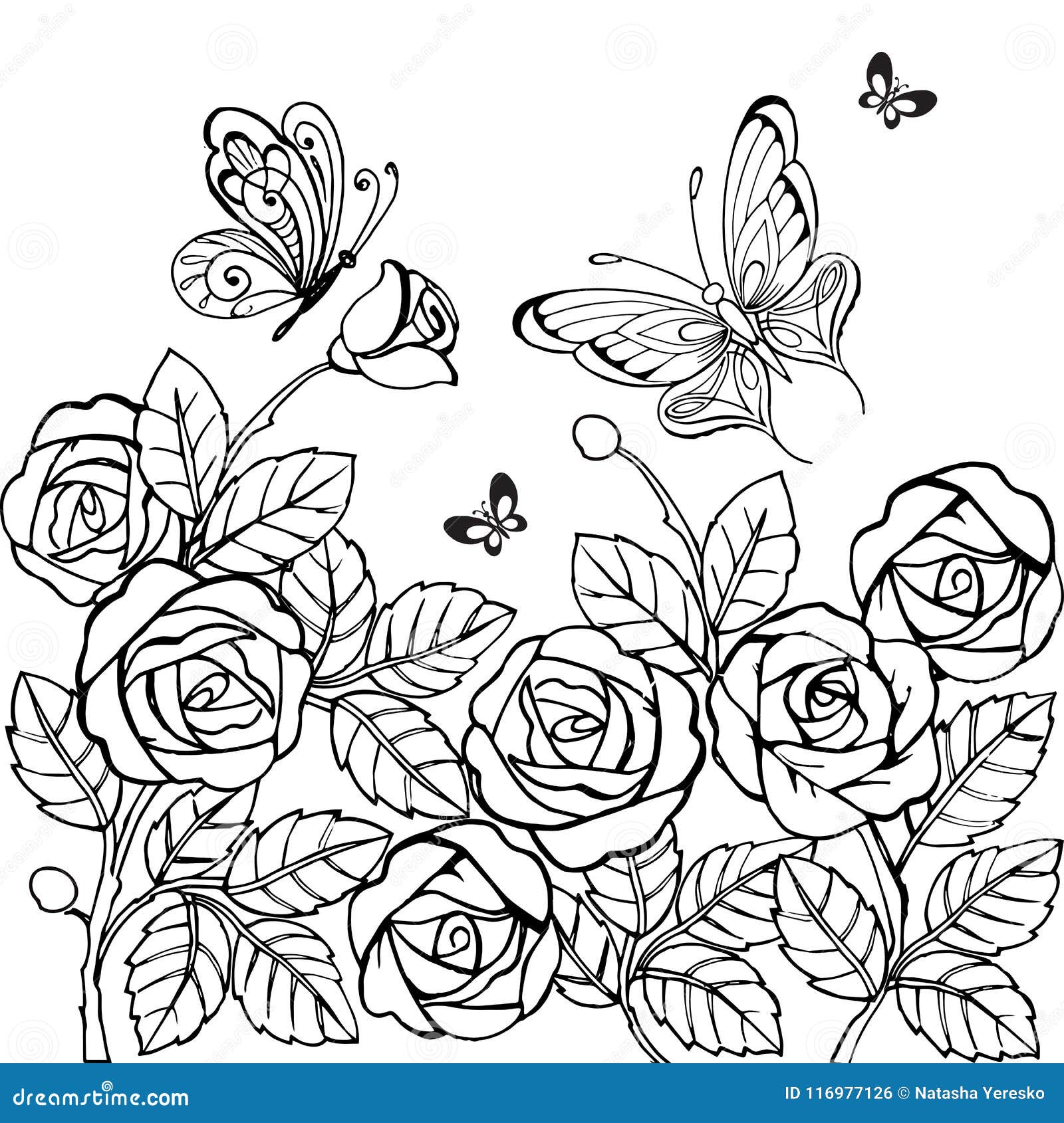 Vintage flower ornament of roses with butterflies for anti stresa coloring stock vector