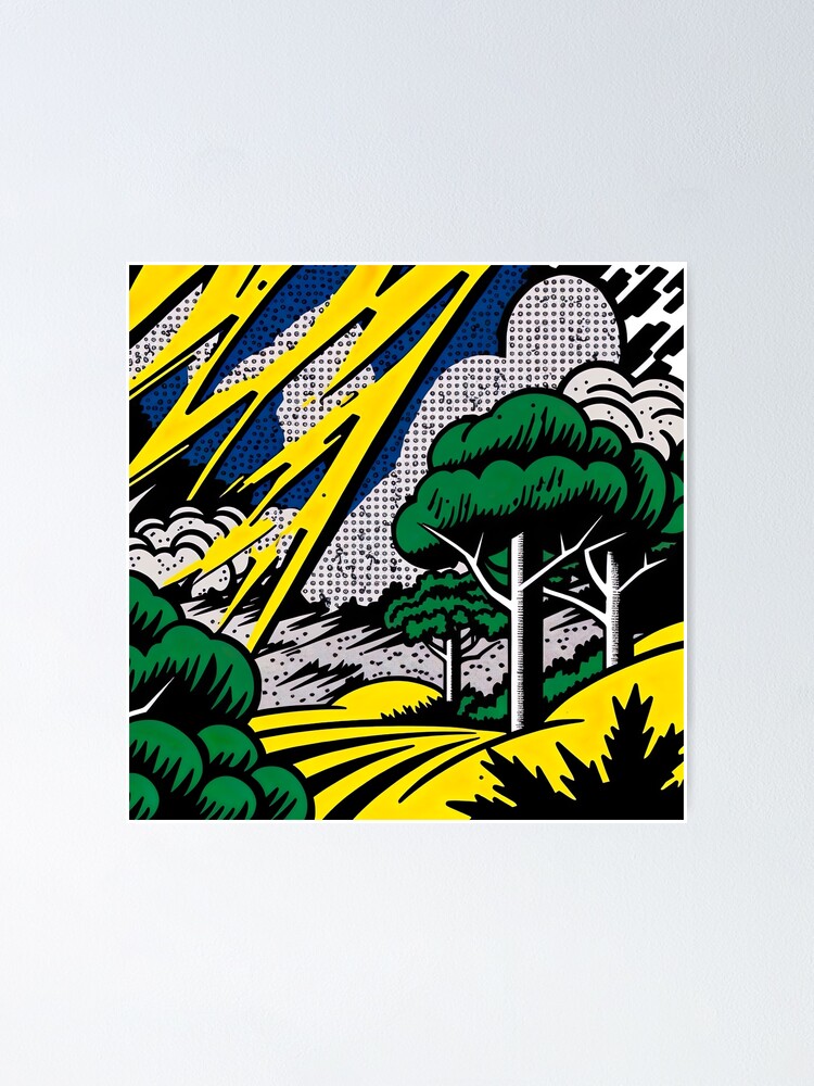 Nature pop art a vibrant landscape in the spirit of roy lichtenstein poster by papouilles