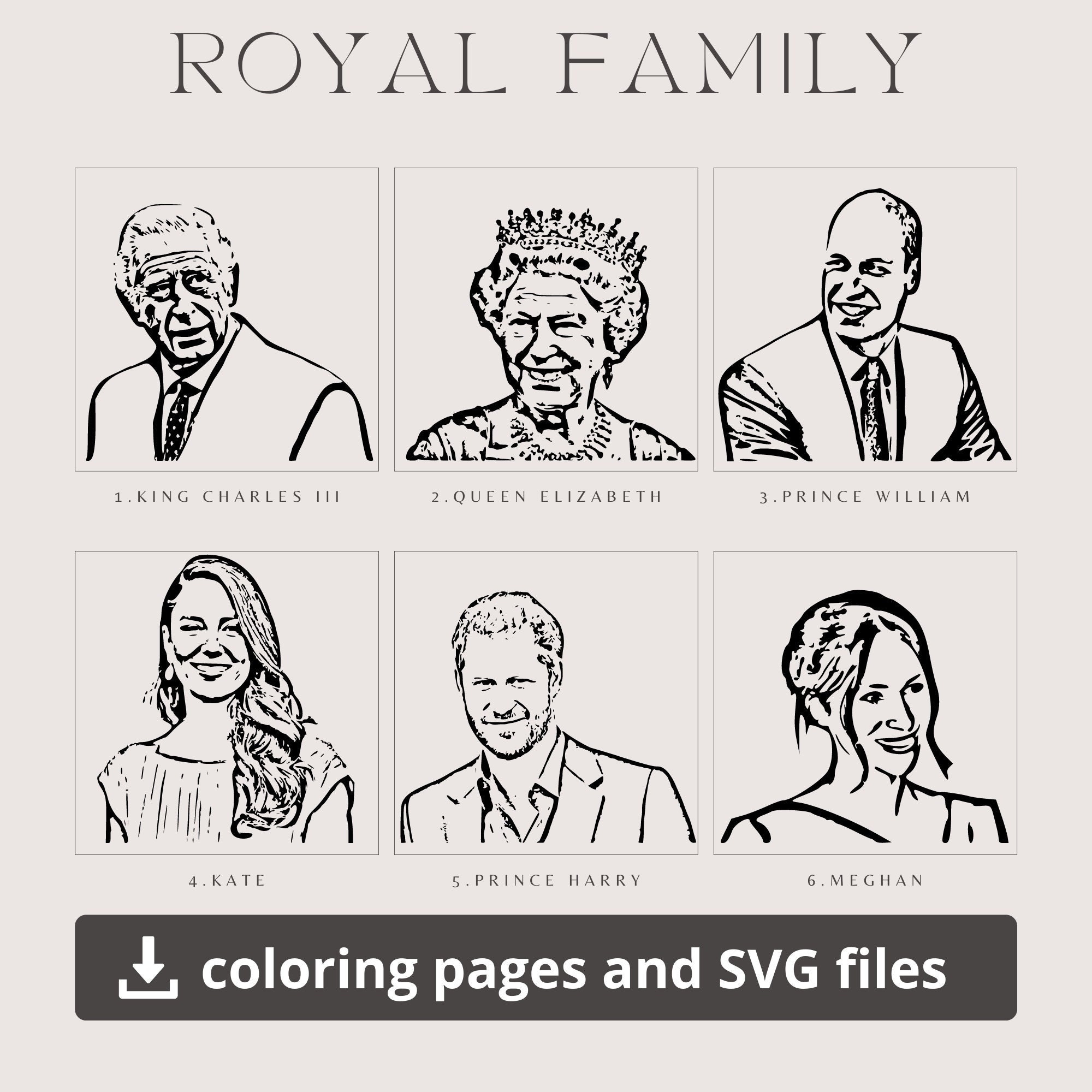Queen elizabeth and royal family coloring pages with svg files