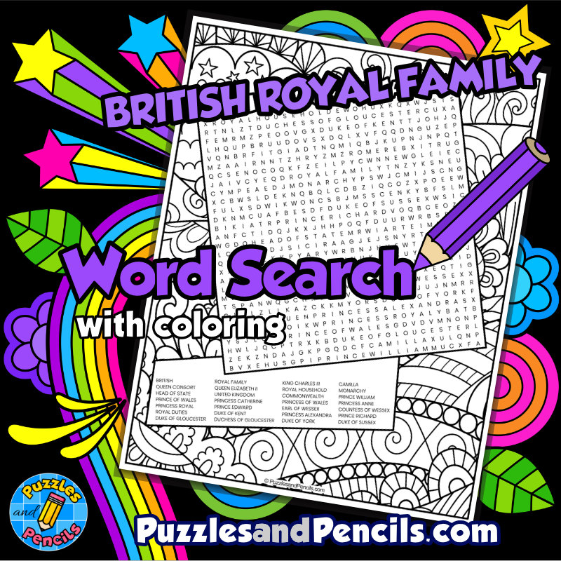 British royal family word search puzzle activity page with coloring made by teachers