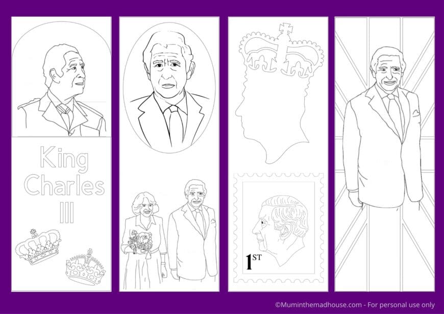 King charles iii bookmarks to colour in mum in the madhouse
