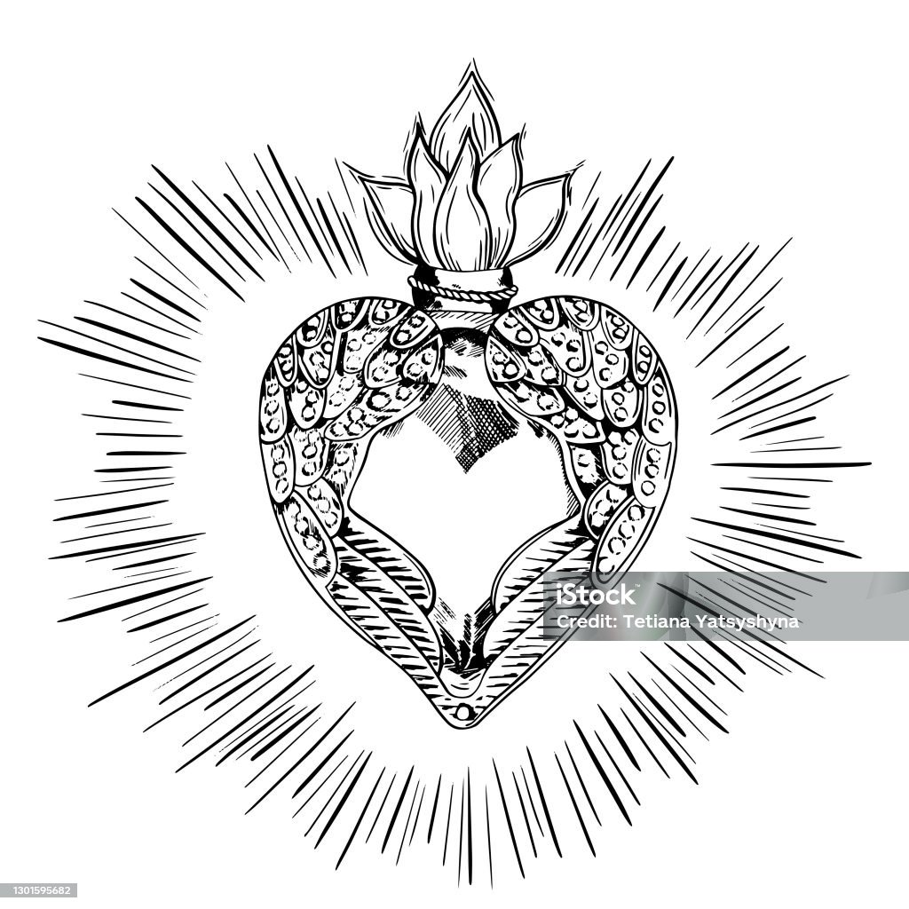 Sacred heart of jesus with rays vector illustration black isolated on white trendy vintage style element spirituality occultism alchemy magic love coloring book for adults stock illustration