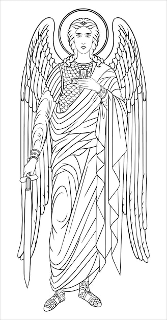 Premium vector angel archangel michael with a sword vector black and white drawing vector line illustration decor
