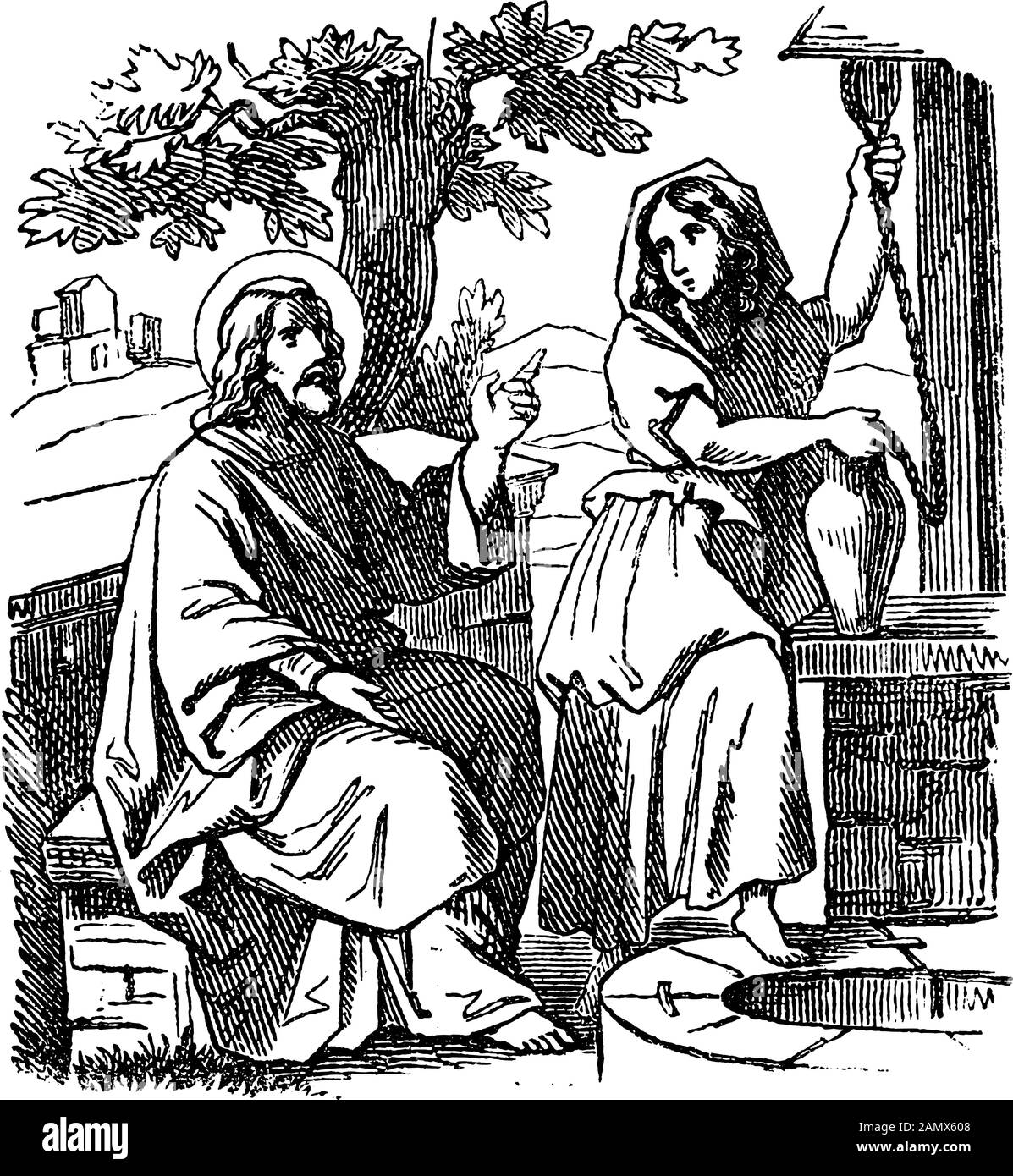 Vintage drawing or engraving of biblical story of jesus talks with samaritan woman near well bible new testamentjohn biblische geschichte germany stock vector image art