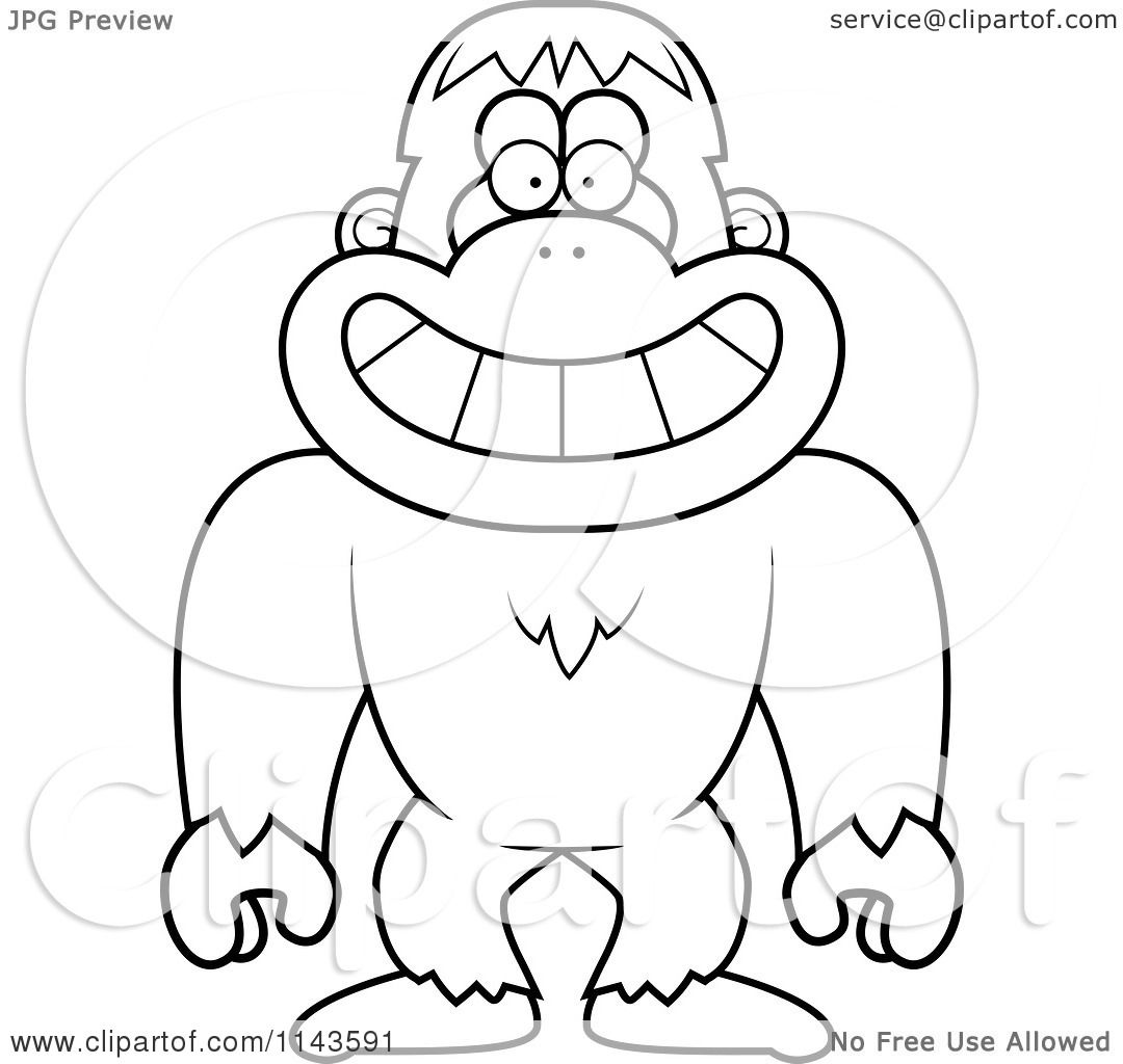 Cartoon clipart of a black and white smiling bigfoot sasquatch