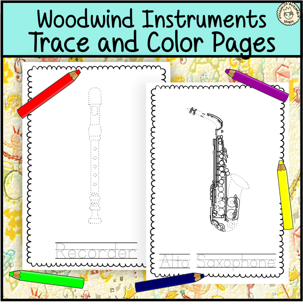 Woodwind instrument trace and color pages