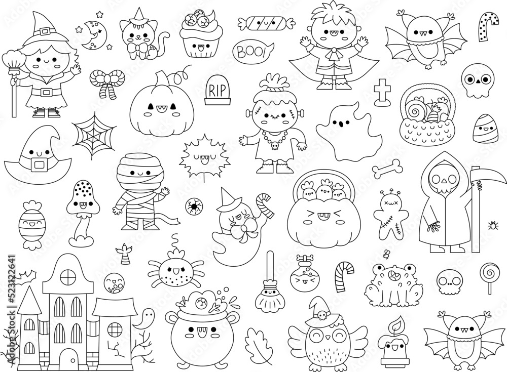 Vector black and white kawaii halloween clipart set for kids cute line samhain party coloring page scary collection with jack