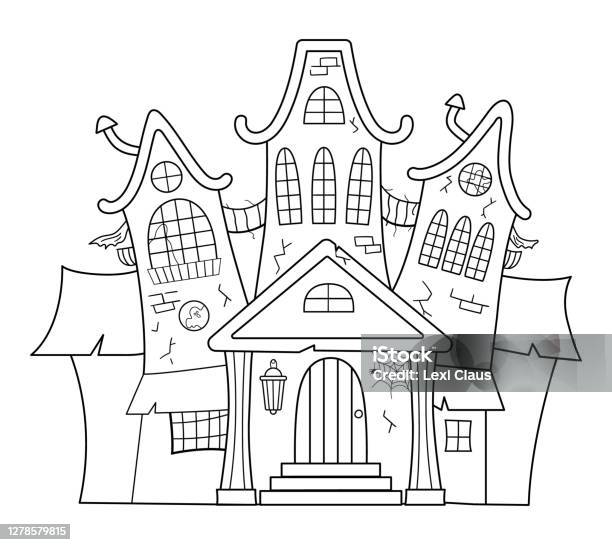 Vector haunted house black and white illustration halloween spooky cottage coloring page for kids scary samhain party invitation or card design stock illustration