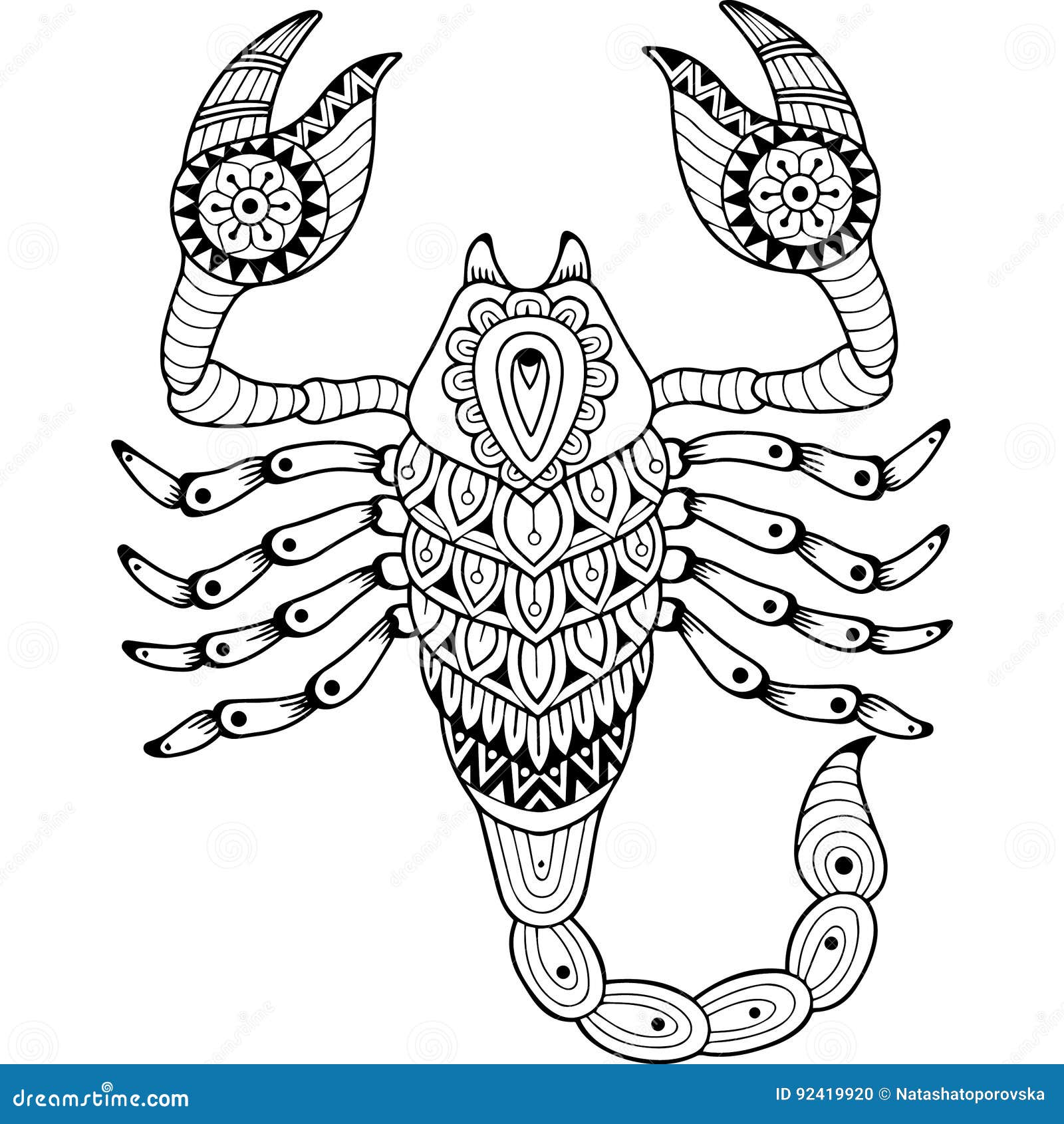 Vector coloring book for adult silhouette of scorpion isolated on white background zodiac sign scorpio abstract background stock vector