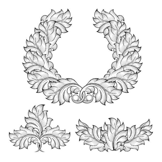 Free vector vintage baroque floral leaf scroll ornament engraving frame element set decorative victorian retro abstract design style