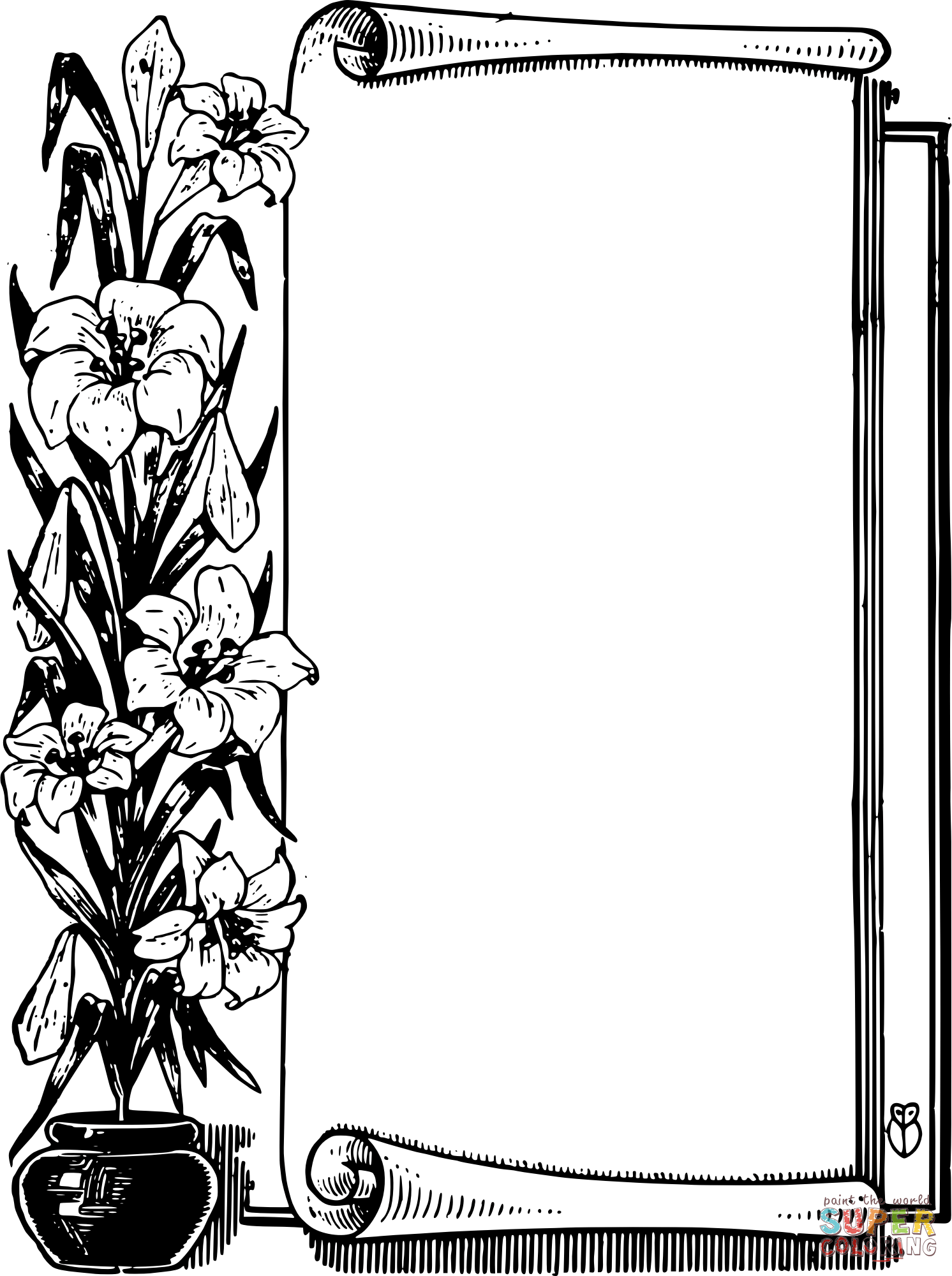 Vintage flower pot scroll frame coloring page free printable coloring pages