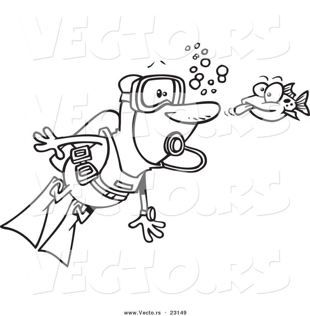 R of a cartoon fish sticking his tongue out at a scuba diver