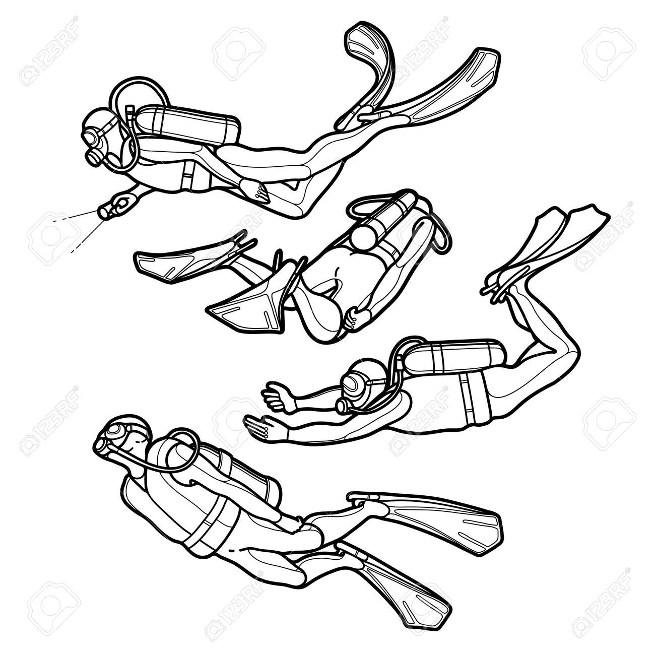 Graphic set of scuba divers drawn in line art style isolated on white background marine hobby ocean vector illustration coloring book page design royalty free svg cliparts vectors and stock illustration image