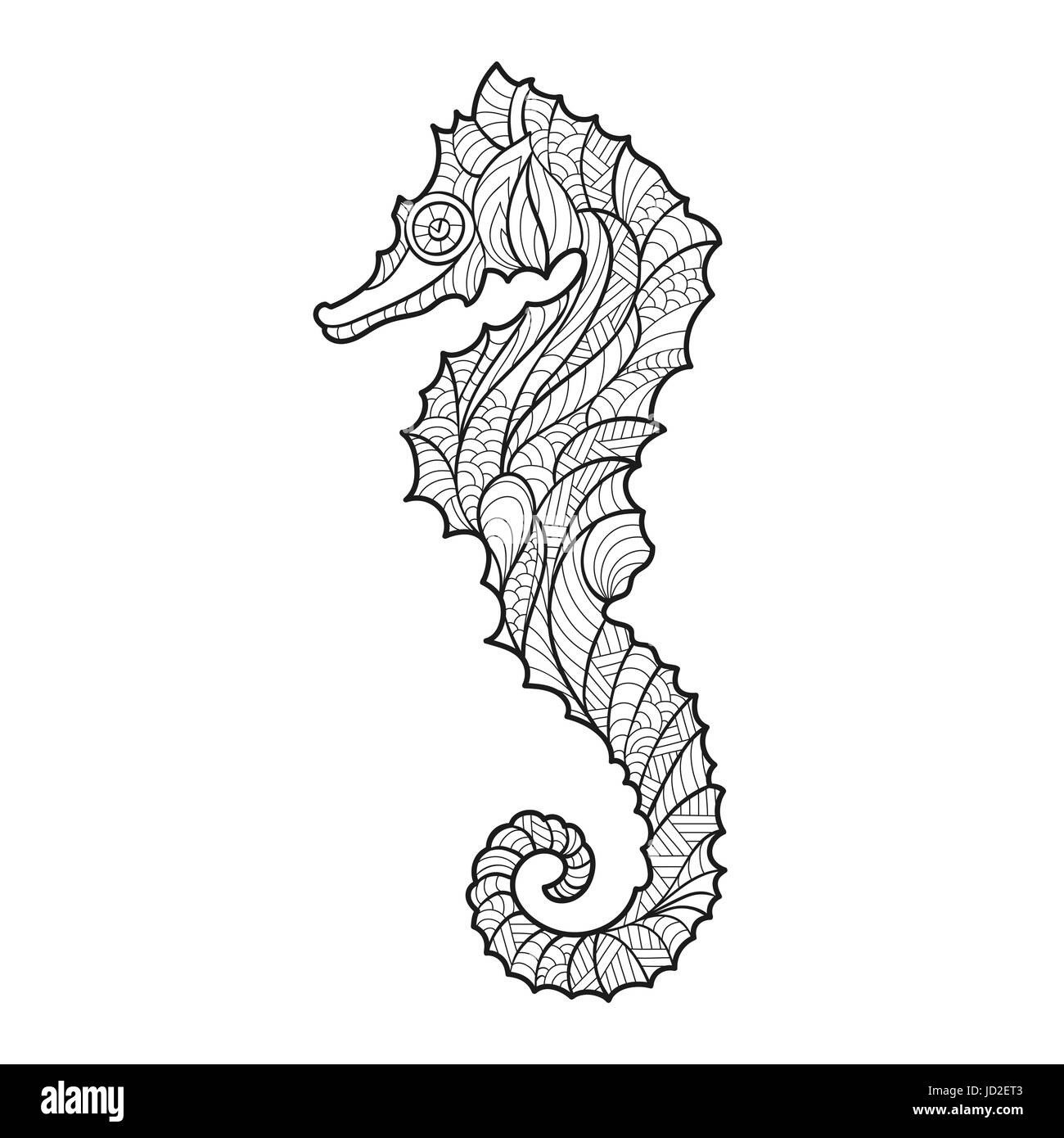 Vector monochrome hand drawn zentagle illustration of sea horse coloring page with high details isolated on white background boho style design for stock vector image art