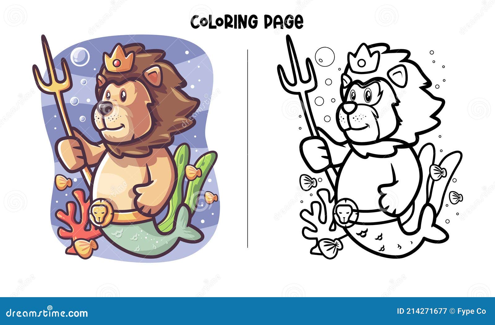 Lion mermaid in the sea coloring page stock vector