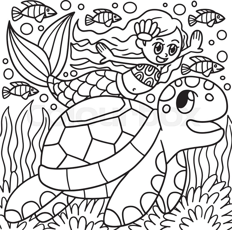 Mermaid swimming with a turtle coloring page stock vector