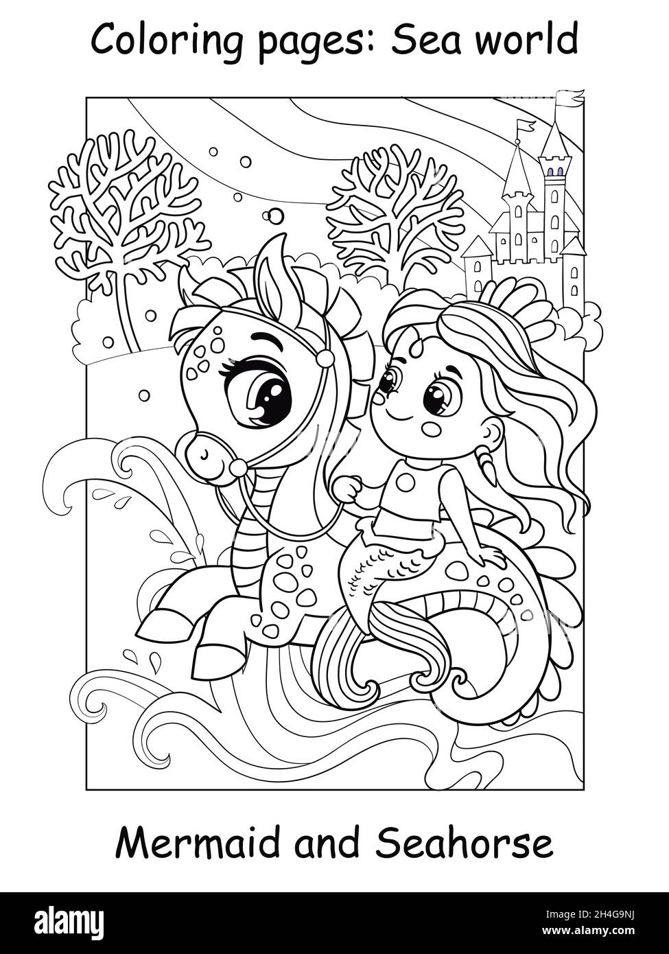 Beauty cute mermaid rides a seahorse coloring book page for children vector cartoon illustration isolated on white background for coloring book ed stock vector image art