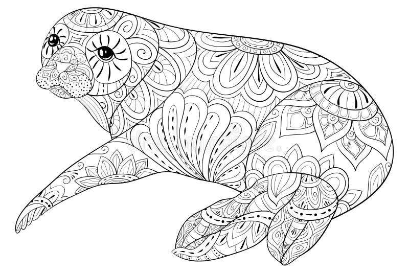 Adult coloring bookpage a cute seal for relaxingzen art style illustration stock vector