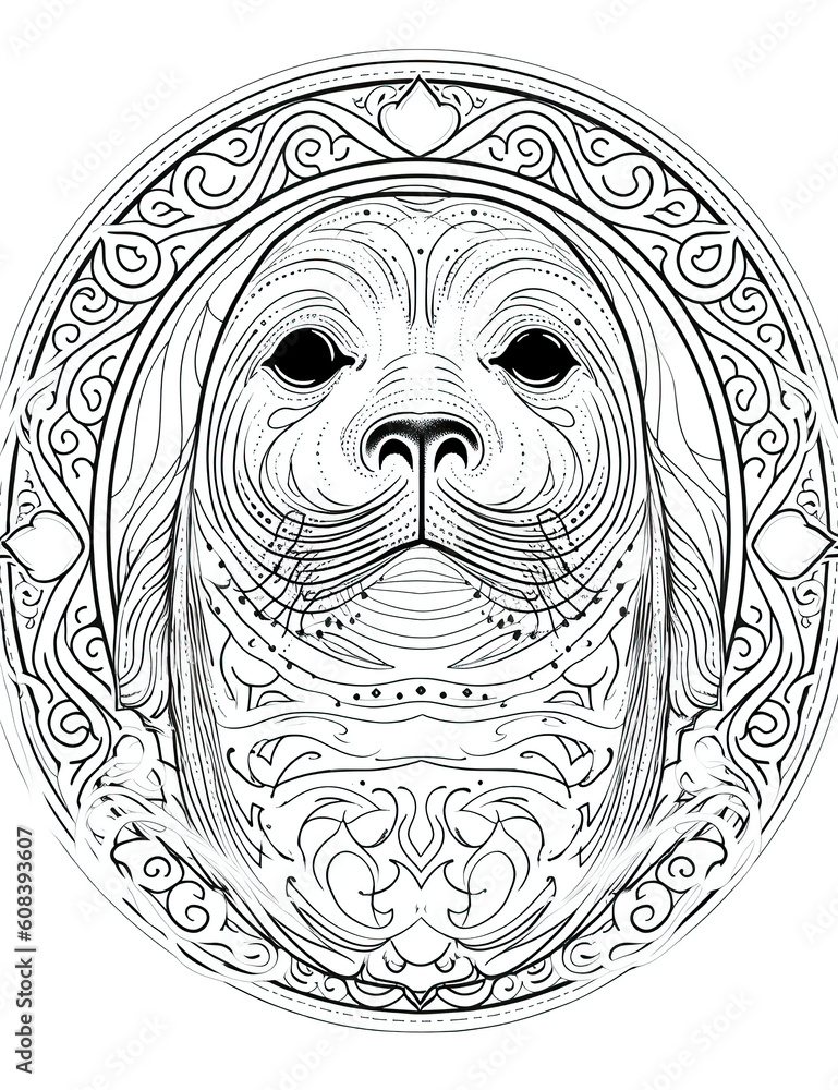 Sea lion seal head black white illustration outline for coloring book page generative ai coloring card illustration