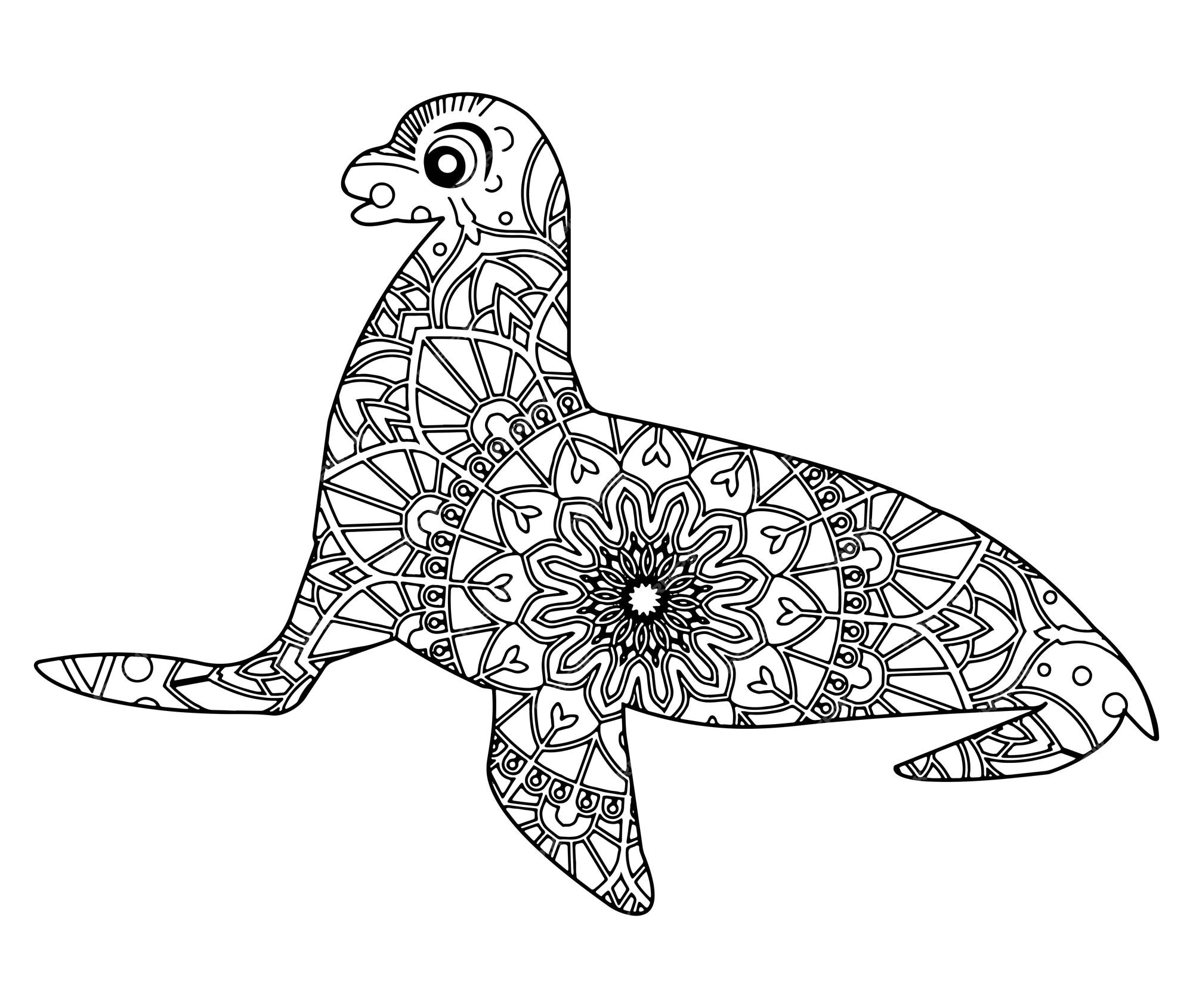 Premium vector mandala ocean animals coloring pages for kids and adult premium vector