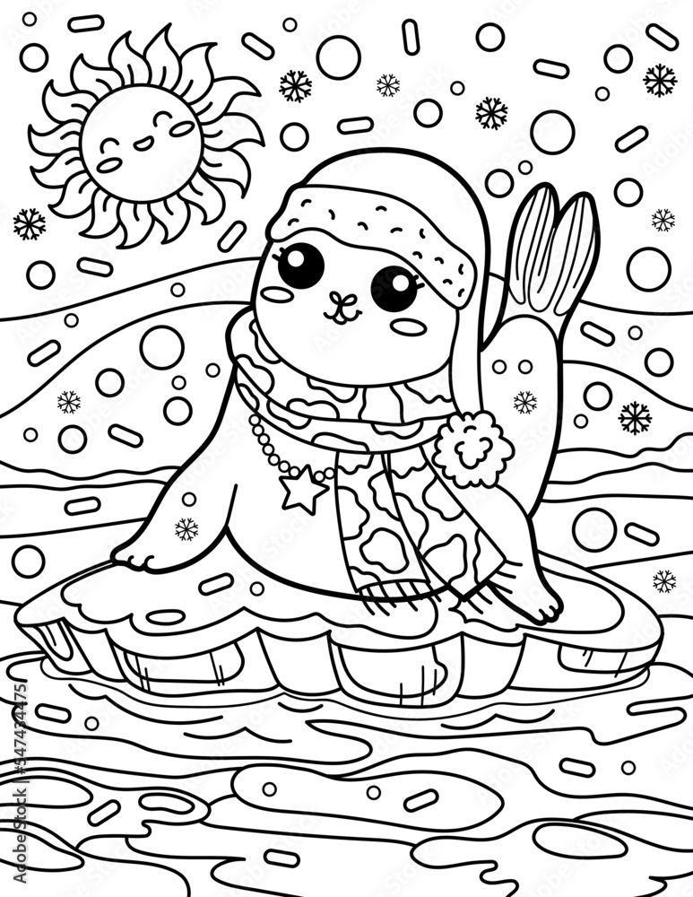 Seal fur seal on an ice floe christmas and new year coloring book for children black and white vector illustration vector
