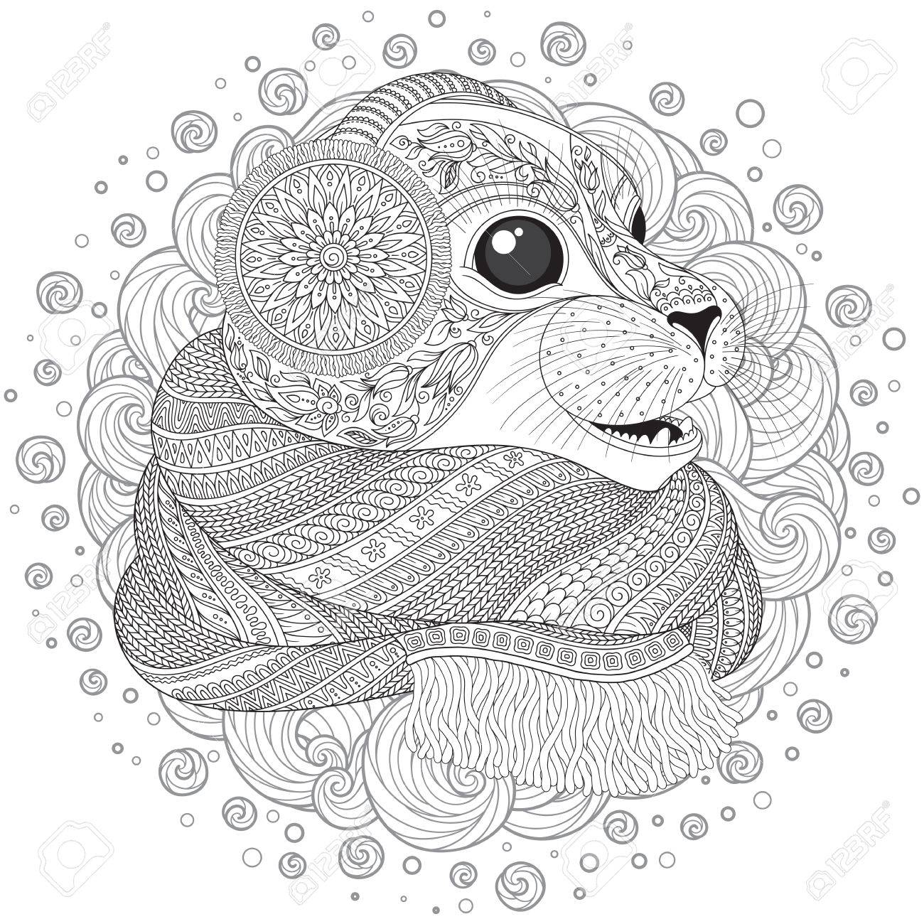 Hand drawn seal l in a scarf with high details for anti stress coloring page illustration in tracery style sketch for tattoo poster print t