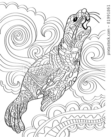 Large sea lion looking up growling with swirly