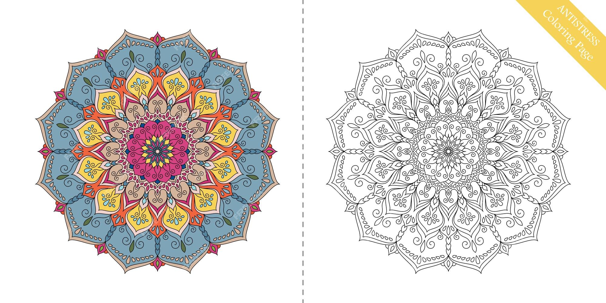 Premium vector antistress coloring page for adults flower mandala for relaxation meditation painting yoga logo decorative round ornament vector floral pattern rich texture intricate oriental design element