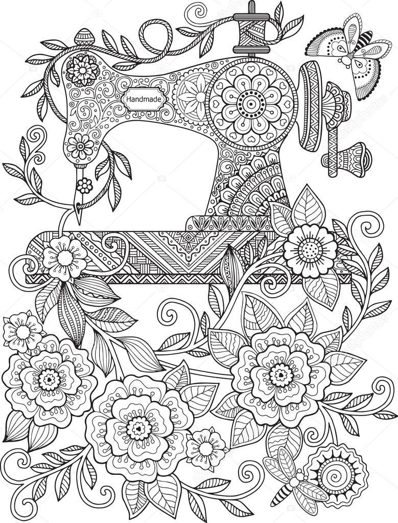 Vintage sewing machine coloring for adults stock vector by natasha