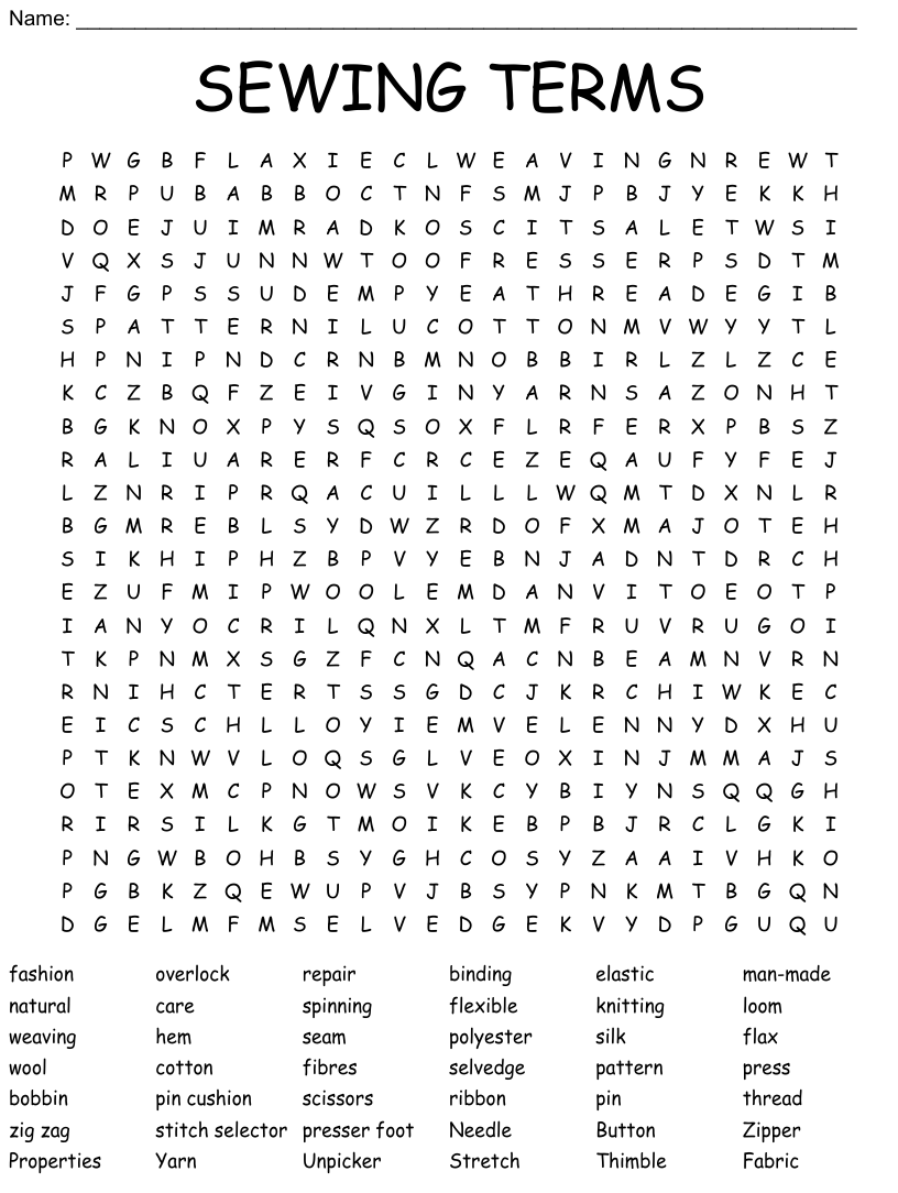 Sewing terms word search