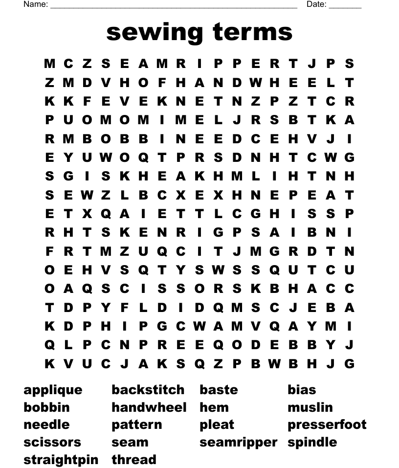 Sewing terms word search