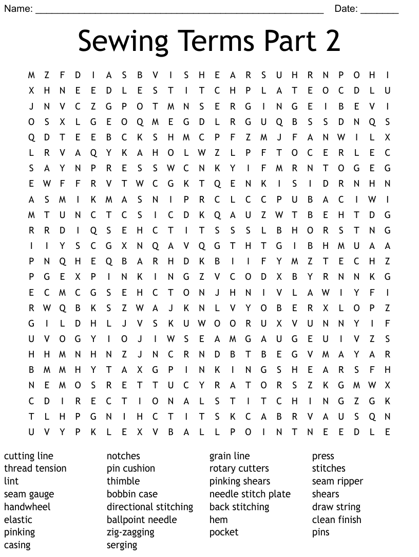 Sewing terms part word search