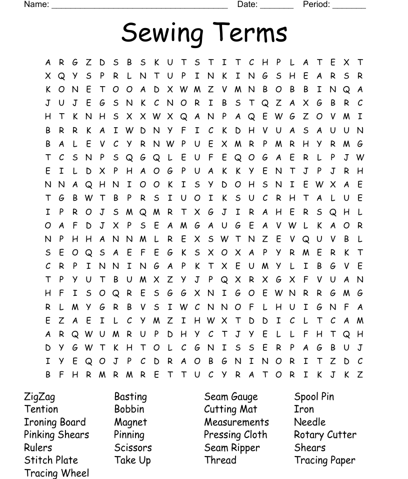 Sewing terms part word search