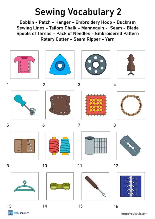 Sewing vocabulary worksheets
