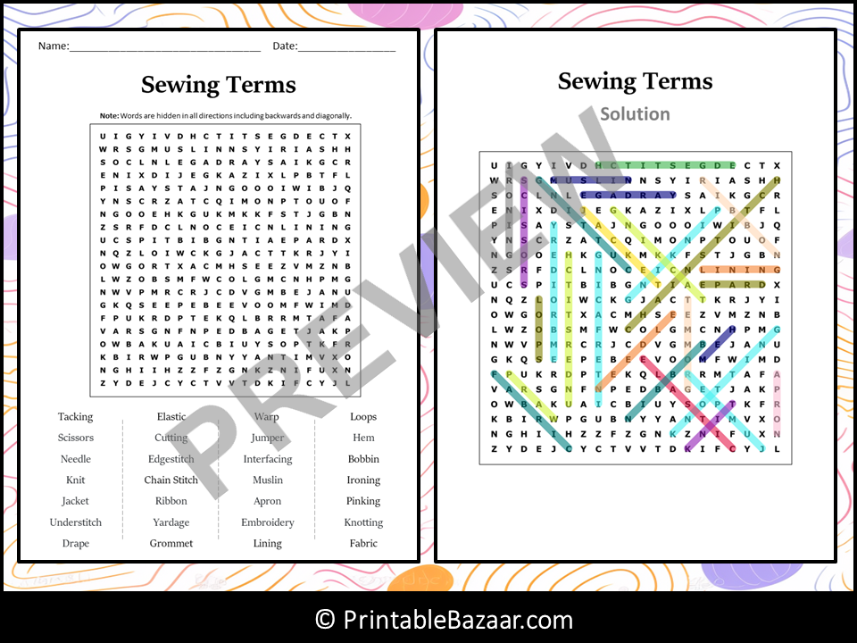 Sewing terms word search puzzle worksheet activity teaching resources